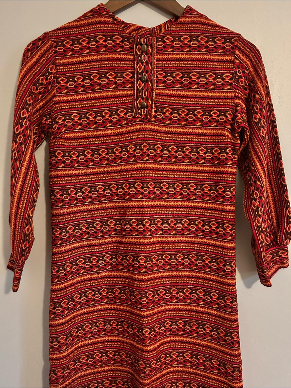 Vintage Knit Mini Dress Vibrant Red Orange Patterned Tunic Dress XS 60s 70s